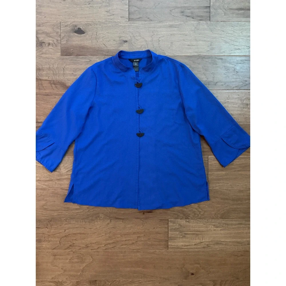 Ali Miles Blouse Womens XL Blue Polyester Solid Mandarin Collar Toggle Tunic Top